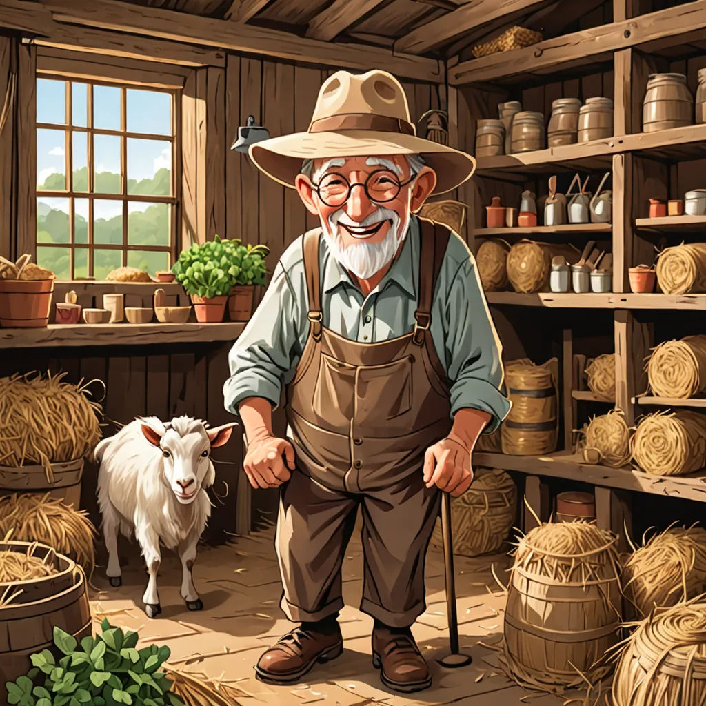 a man with a hat and glasses standing next to a goat in a barn filled with hay and plants, context art, a storybook illustration, Bob Byerley, highly detailed digital painting