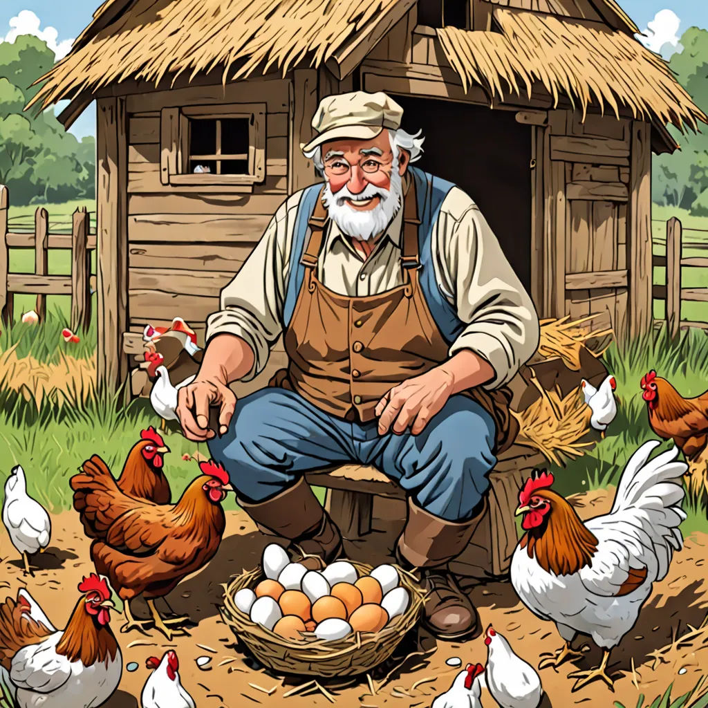 a man sitting in front of a chicken coop with chickens around him and a basket of eggs in front of him, folk art, a storybook illustration, Dan Content, storybook illustration