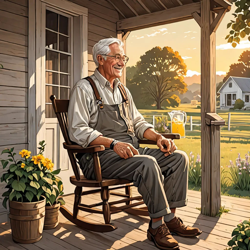 a painting of a man sitting on a rocking chair on a porch with a beer in his hand and a flower pot in the other hand, american scene painting, a character portrait, F. Scott Hess, official art
