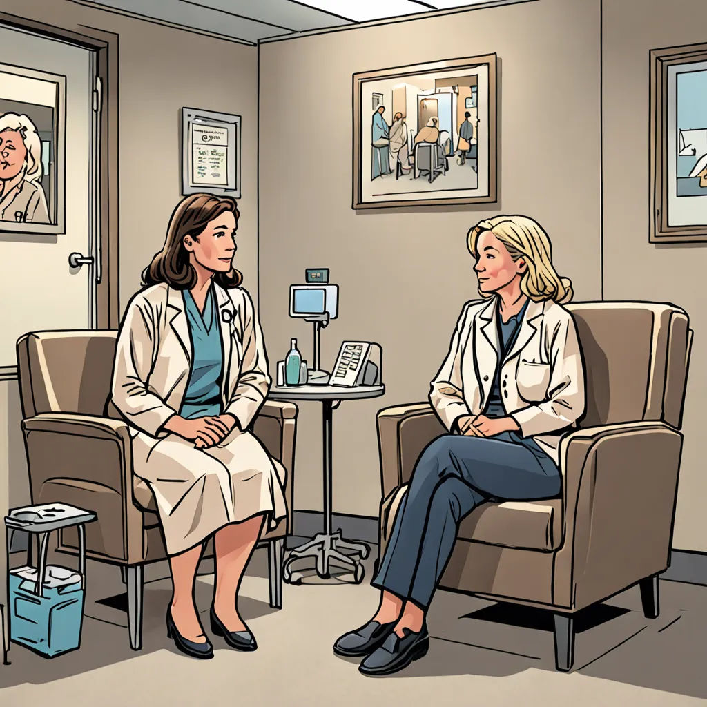 a cartoon of a doctor and a patient talking to each other in a waiting room with a doctor in the background, a comic book panel, graphic novel, american scene painting, Chris Ware