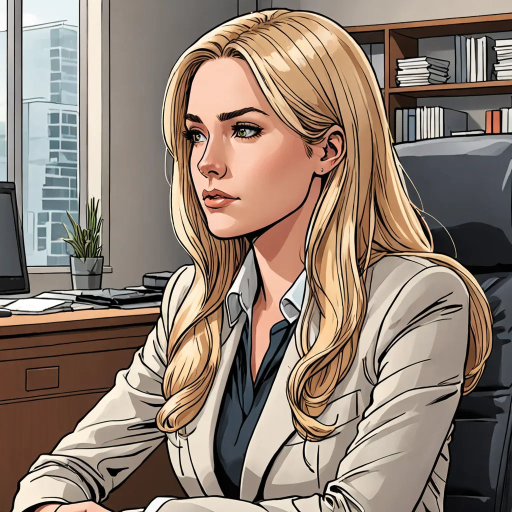 a woman sitting at a desk with a computer on it and a monitor behind her, with a city view in the background, a comic book panel, high detail illustration, figurative art, Claire Falkenstein