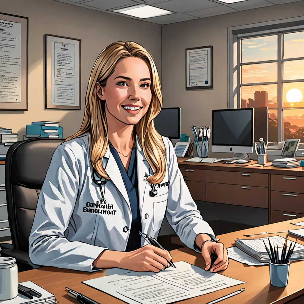 a cartoon of a woman in a doctor's coat sitting at a desk with a laptop and papers, a digital rendering, promotional image, american scene painting, Doc Hammer
