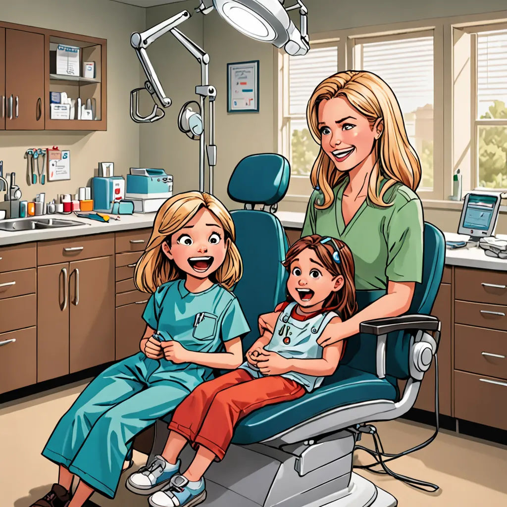 a woman and two children sitting in a dental chair in a room with a sink and a light on, a storybook illustration, storybook illustration, lyco art, F Scott Hess