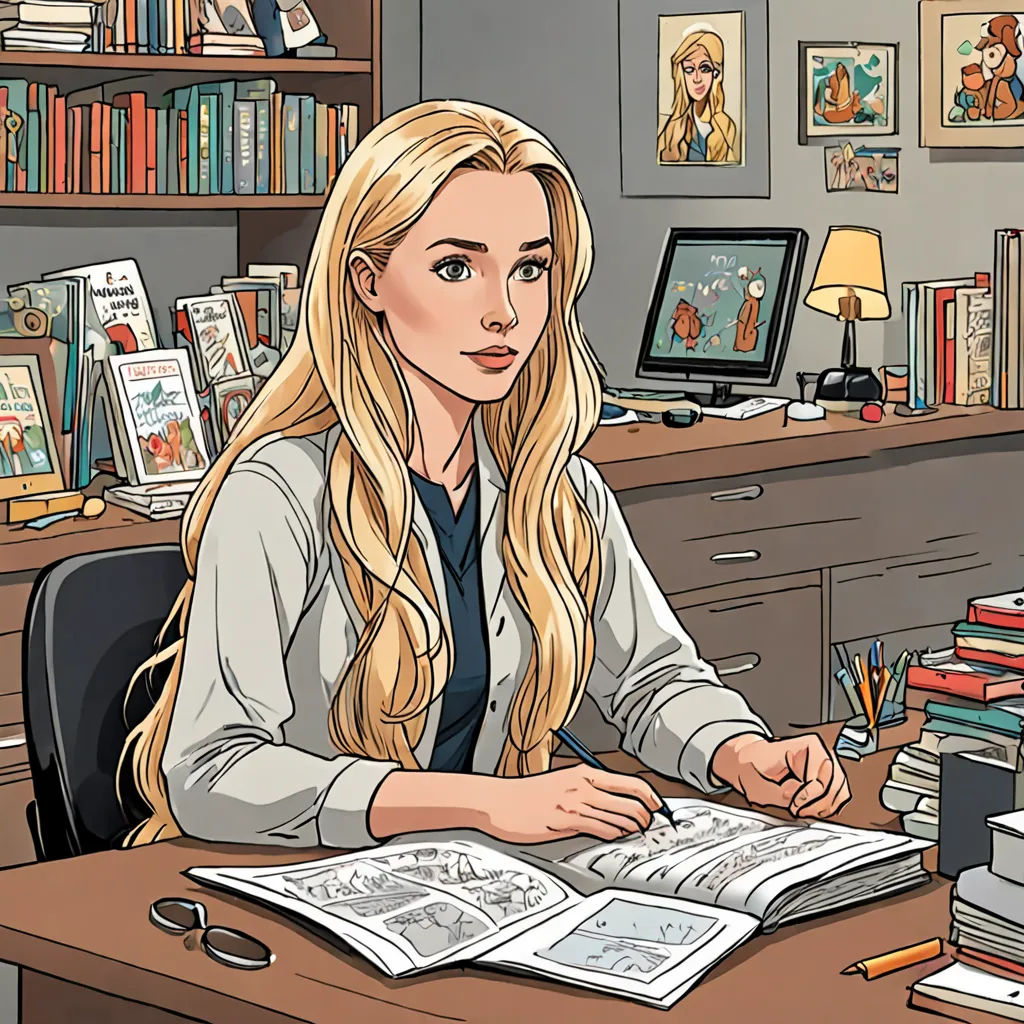 a woman sitting at a desk with a book and a pen in her hand and a book on the desk, a comic book panel, comic book, academic art, Evelyn Abelson