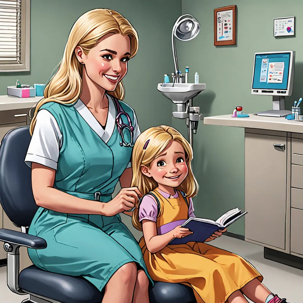 a woman and a little girl sitting in a chair in a dental office with a clipboard in front of them, a storybook illustration, storybook illustration, remodernism, Dr. Atl