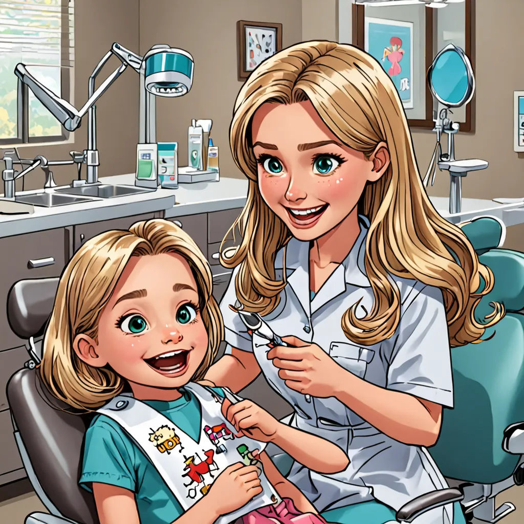 a woman and a little girl in a dentist's office brushing their teeth together with toothbrushes, a storybook illustration, high detail illustration, remodernism, Claire Falkenstein