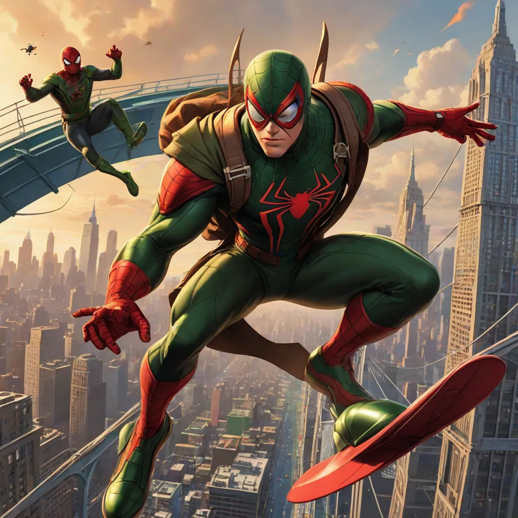 a man in a green suit is on a skateboard in front of a cityscape with a spider - man flying above, sots art, a comic book panel, Eddie Mendoza, official art
