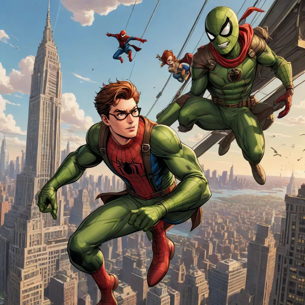 a man in a spider suit is hanging from a high building with a spider man in the background and a spider man in the foreground, sots art, a comic book panel, Alton Tobey, official art