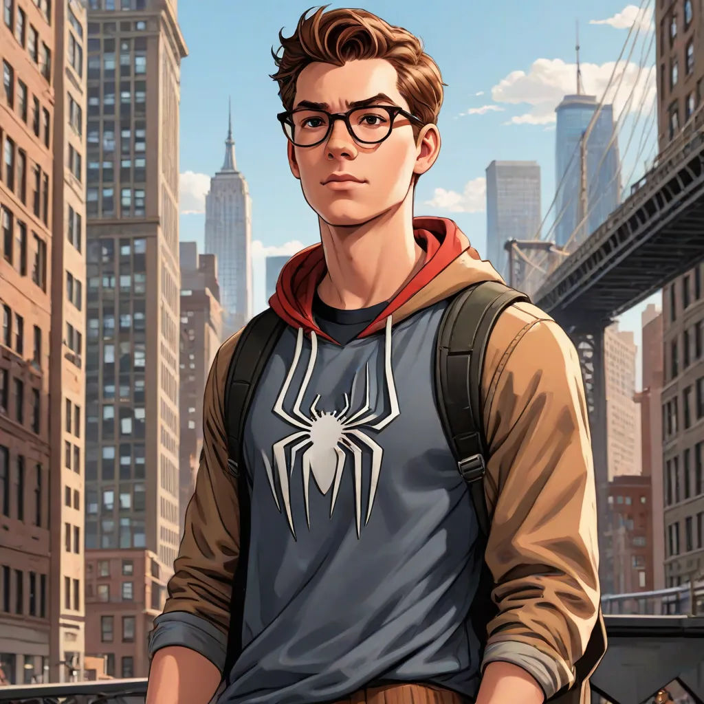 a man in a spider - man shirt is standing in front of a bridge and buildings with a city in the background, sots art, a character portrait, Alton Tobey, official art