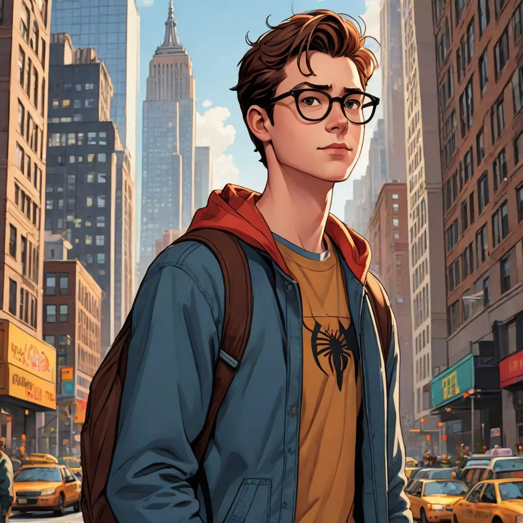 a man in a blue jacket and glasses standing in front of a city street with tall buildings and a spider man on his shirt, sots art, a comic book panel, Alton Tobey, official art