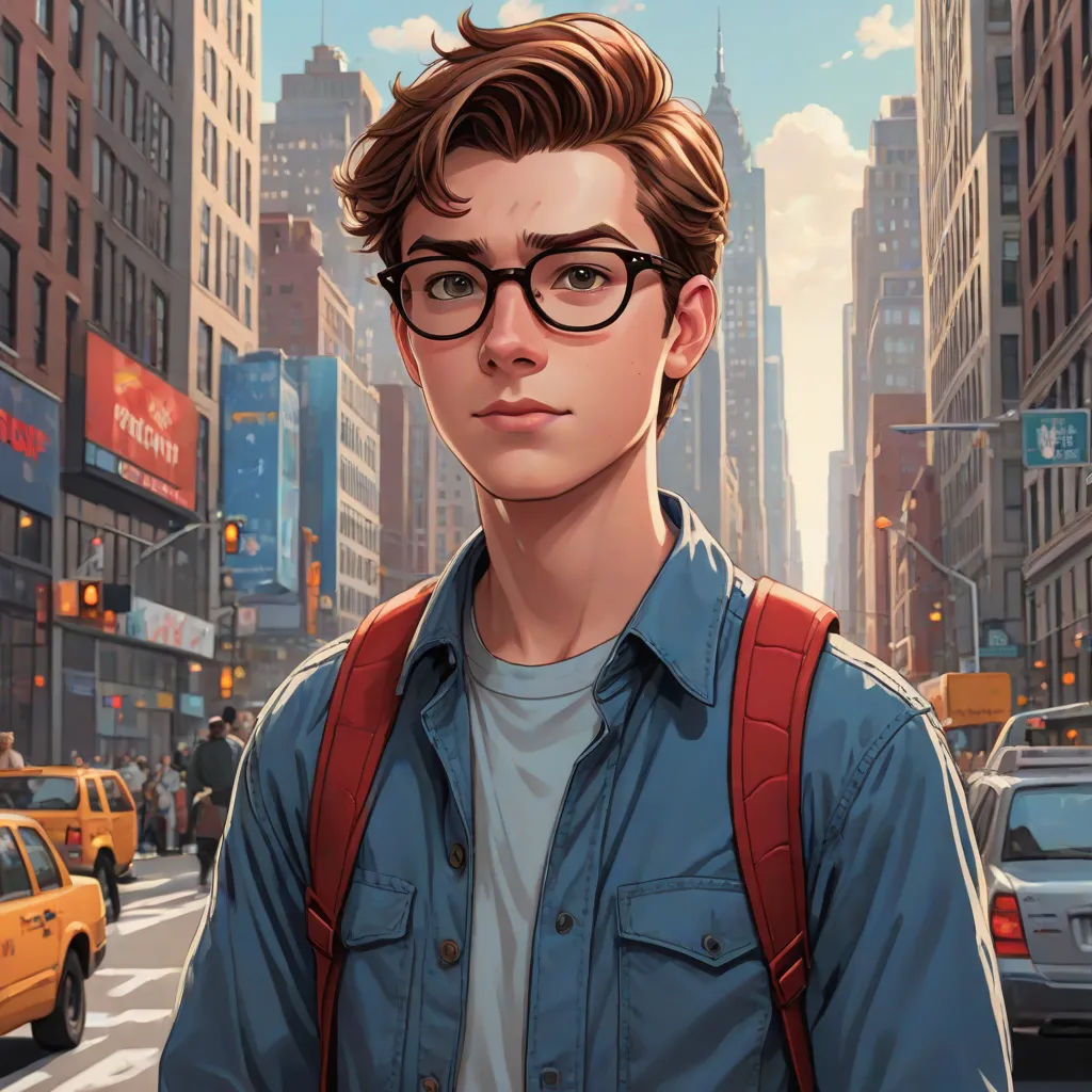 a man with glasses and a backpack standing in front of a city street with traffic and tall buildings on a sunny day, american scene painting, a character portrait, Aaron Jasinski, rossdraws global illumination