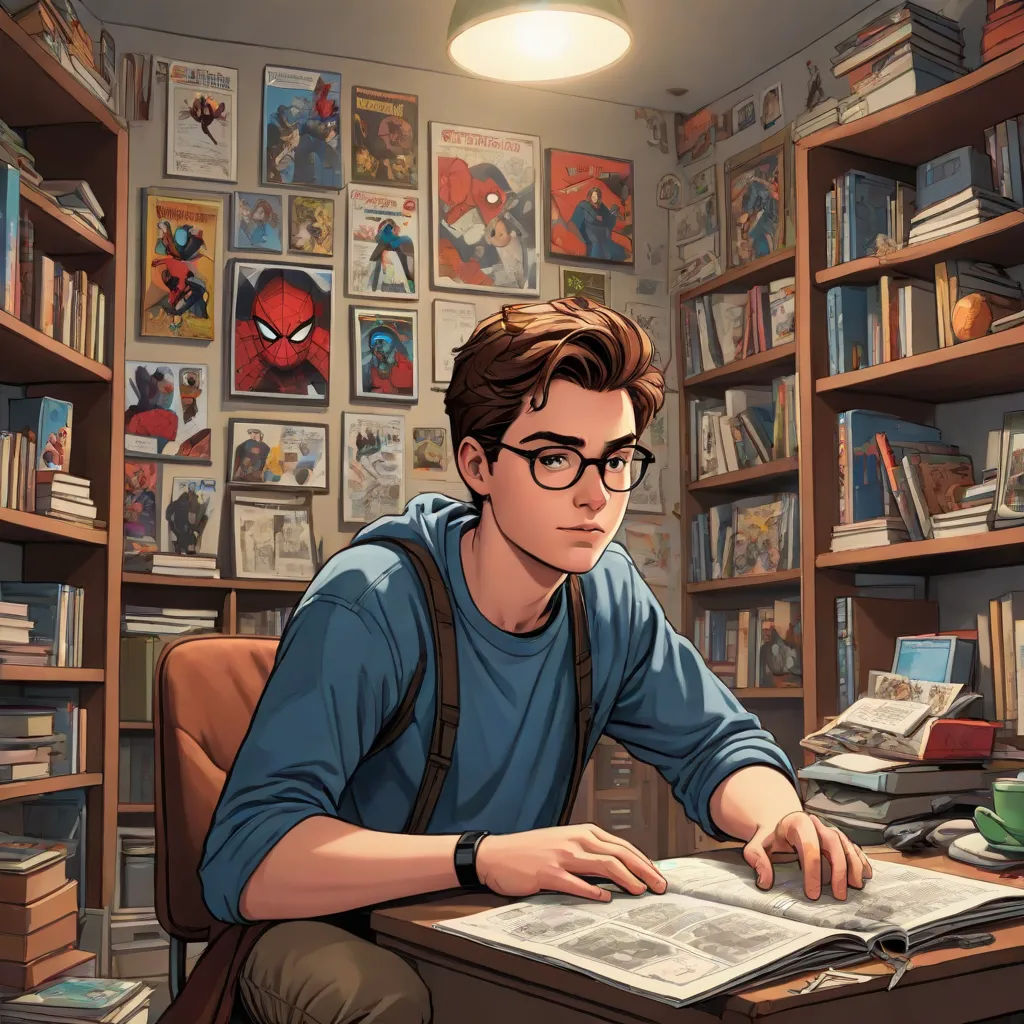 a man sitting at a desk in front of a book shelf filled with books and comics on the walls, academic art, a comic book panel, Artgerm, comic book