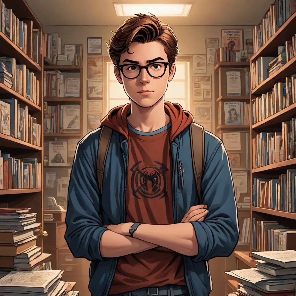 a man standing in a library with his arms crossed and his arms crossed behind his chest, with bookshelves in the background, sots art, a character portrait, Alton Tobey, official art