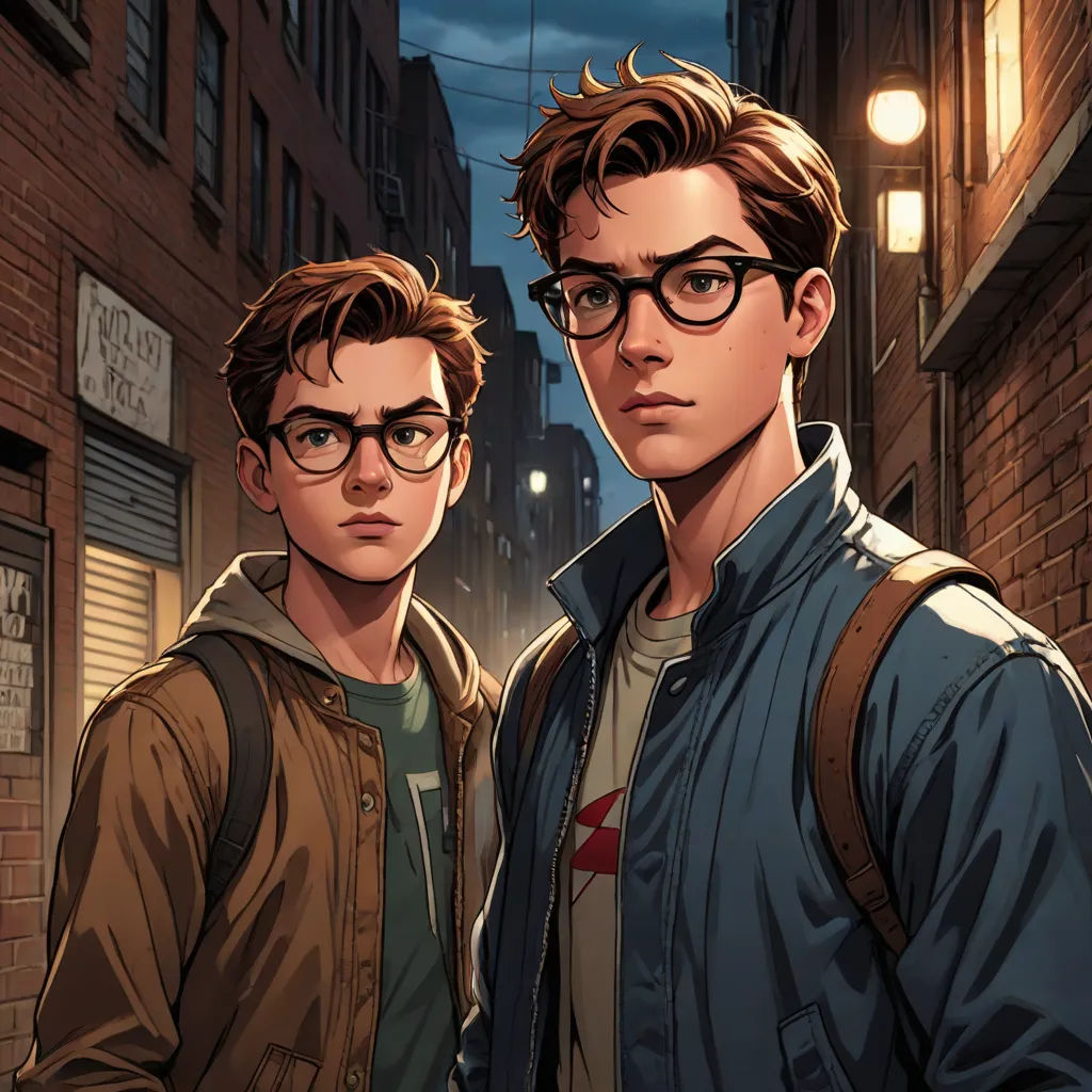 two young men standing next to each other in a city at night with a street light in the background, sots art, a comic book panel, Brothers Hildebrandt, comic cover art