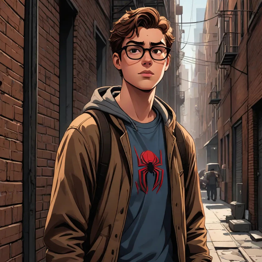 a man in glasses standing on a street next to a brick wall and a spider man t - shirt, sots art, a comic book panel, Alton Tobey, official art