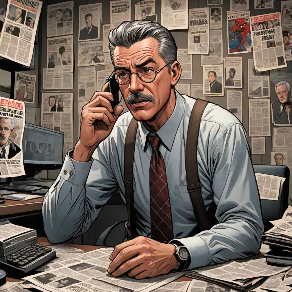 a man sitting at a desk with a phone to his ear and a lot of newspapers on the wall, private press, a comic book panel, Alton Tobey, official art
