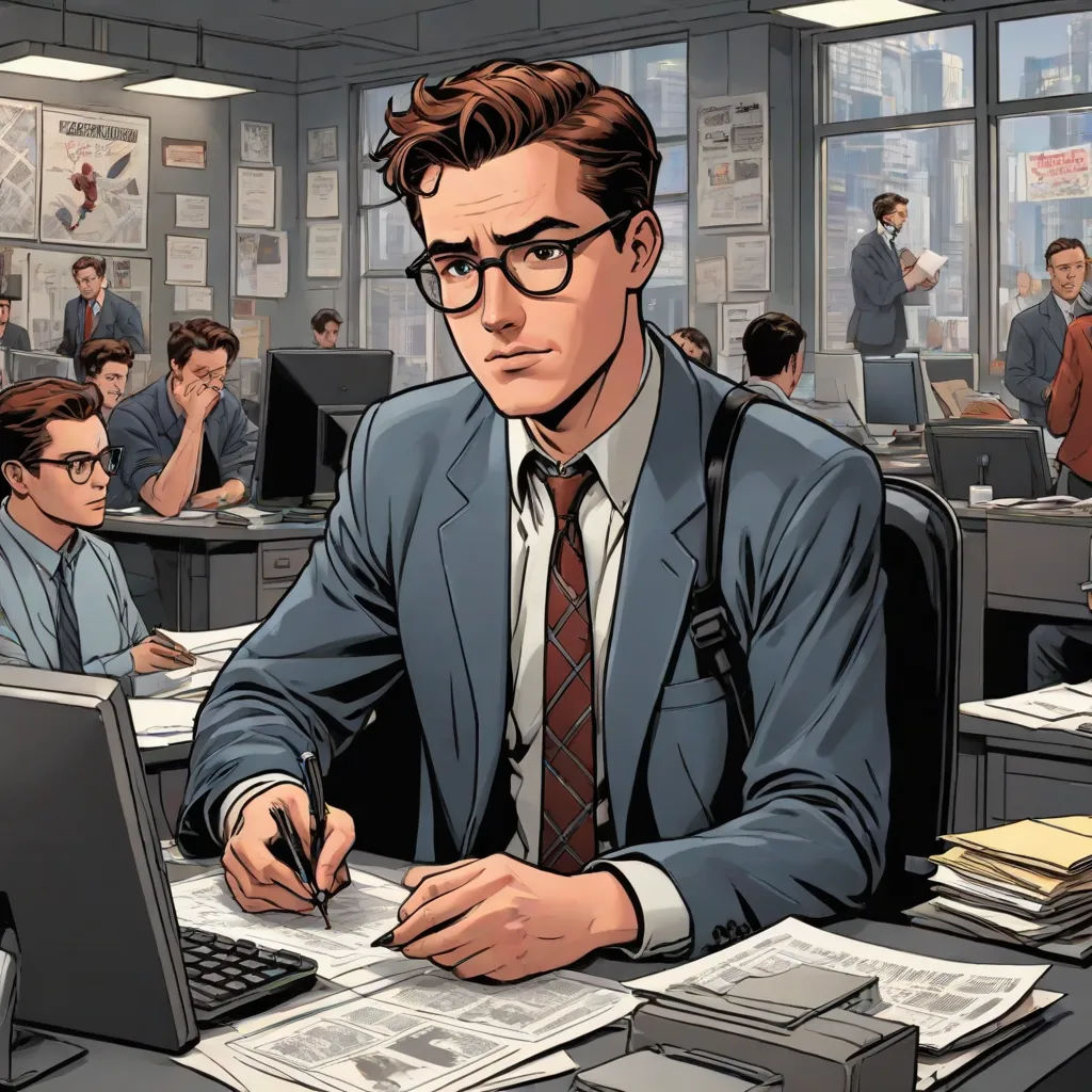 a man in a suit and tie sitting at a desk with a laptop computer and papers on it, with a lot of people in the background, process art, a comic book panel, Alton Tobey, marvel comics