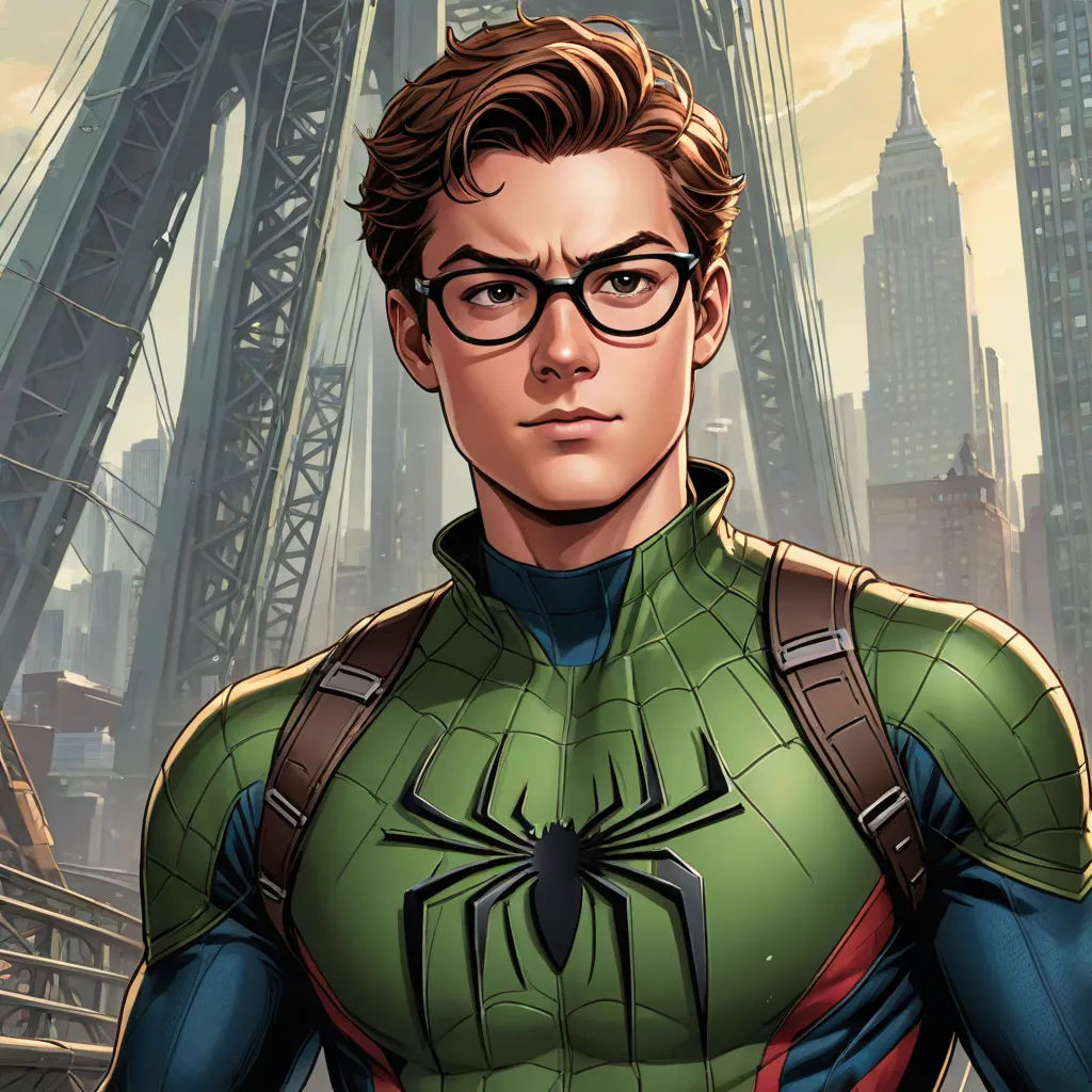 a man in a green suit and glasses standing in front of a bridge with a spider man on it, sots art, a comic book panel, Alton Tobey, official art