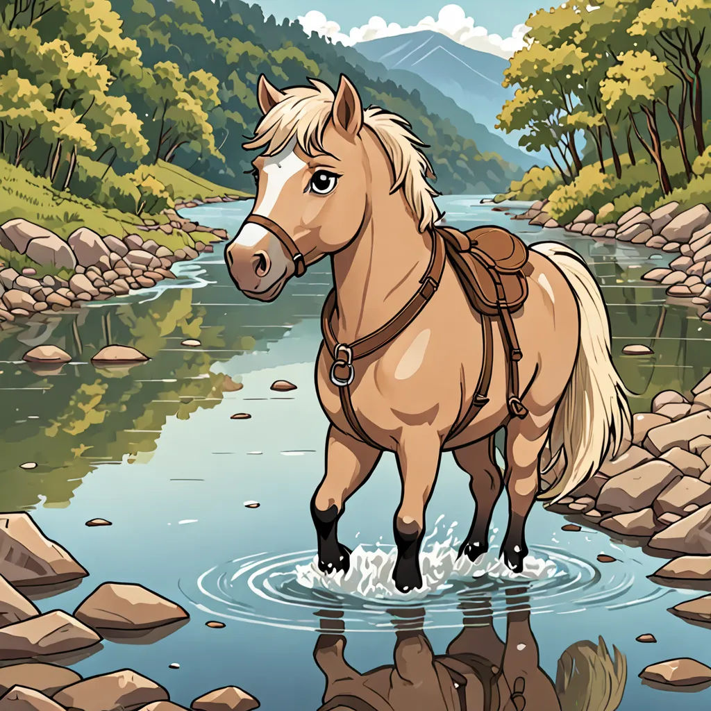 a horse standing in a river with a mountain in the background and a stream running through it with rocks and grass, Brom, furry art, a storybook illustration, promotional image