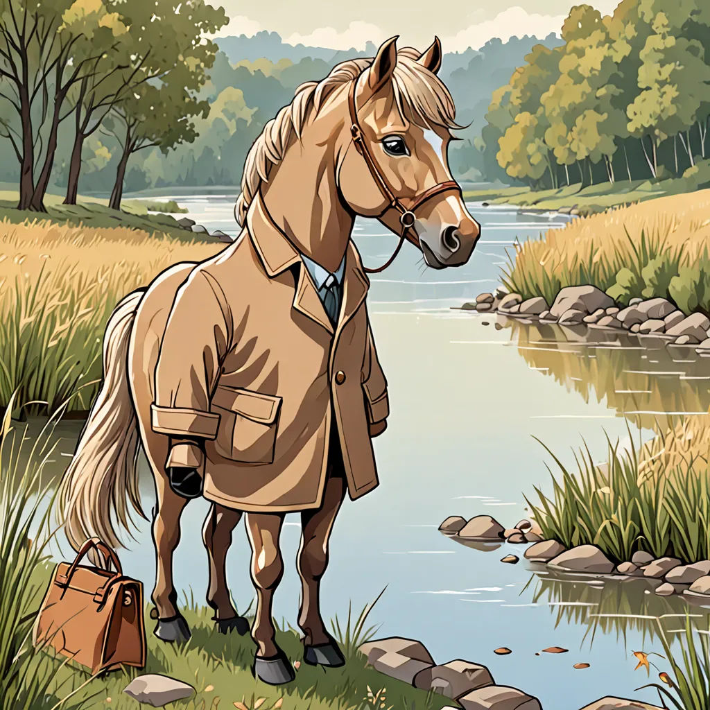 a horse wearing a coat and tie standing next to a river with a suitcase in its hand and a bag in its other hand, Chris LaBrooy, american scene painting, a storybook illustration, high detail illustration