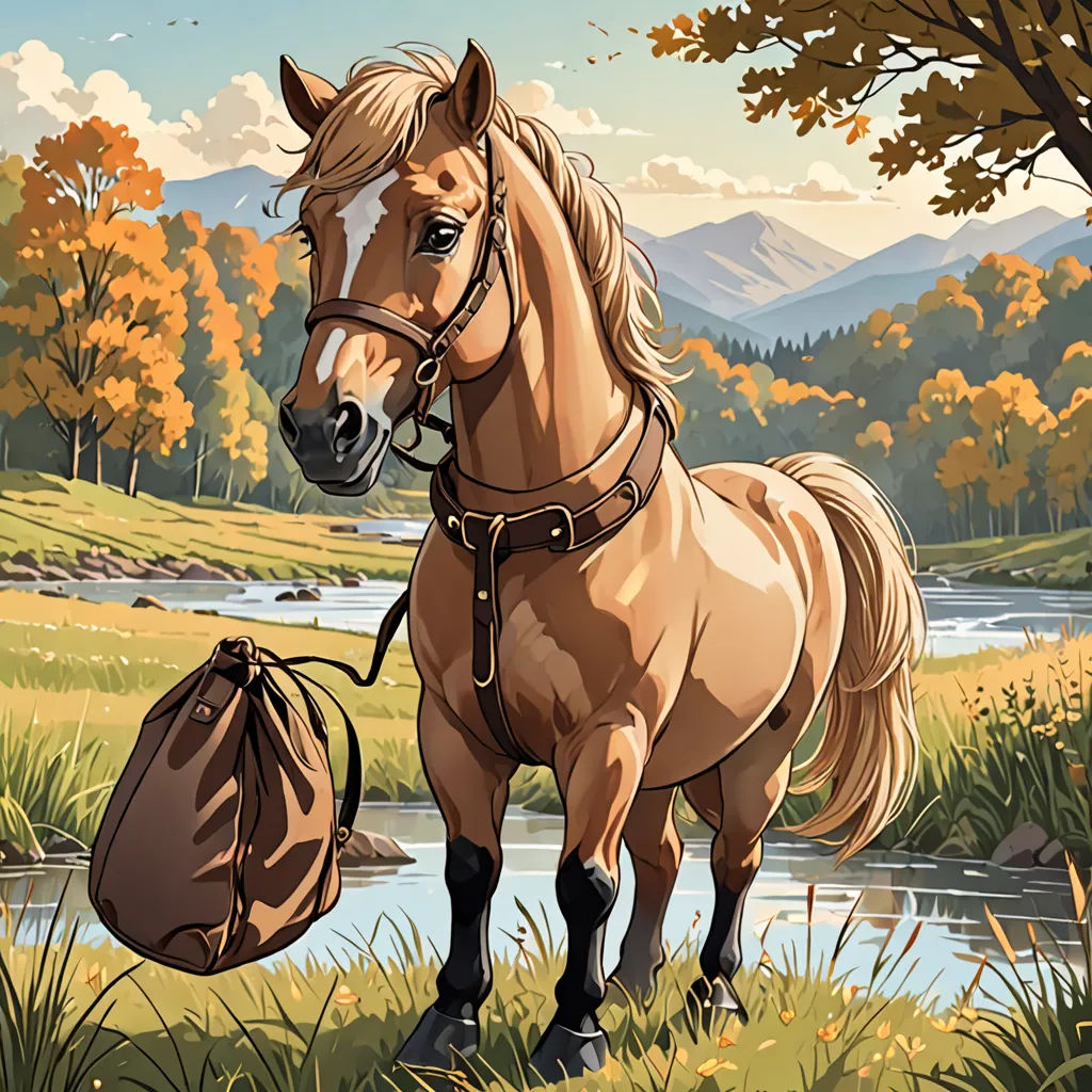 a horse standing in a field with a bag of hay in its mouth and a river in the background, Chris LaBrooy, american scene painting, a storybook illustration, western comic book art