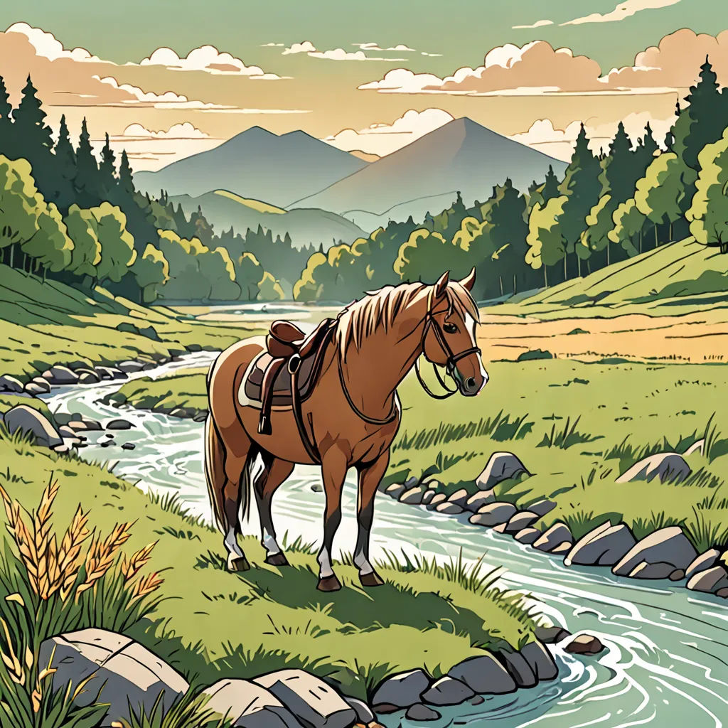 a horse standing on a grassy hill next to a river and mountains in the background with a stream running through it, Dan Mumford, american scene painting, a storybook illustration, western comic book art