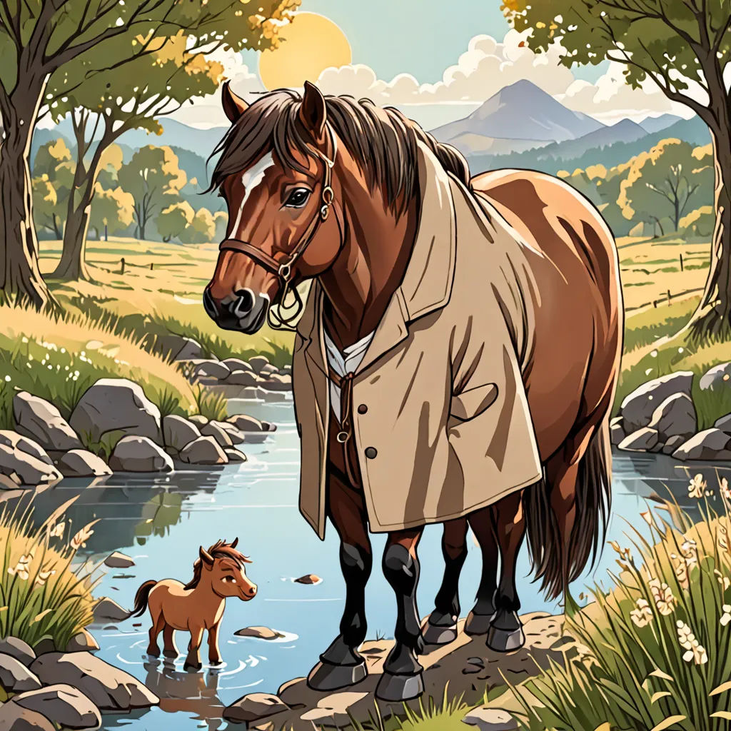 a horse and a baby horse are standing in a stream of water near a mountain range with trees and rocks, Chris LaBrooy, american scene painting, a storybook illustration, storybook illustration