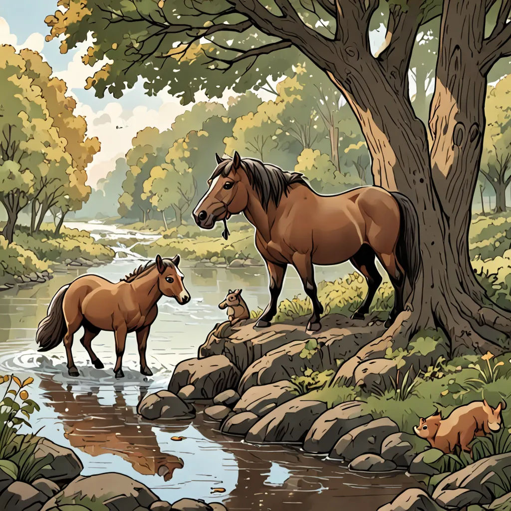a painting of two horses and a fox by a river with a stream running through it and a forest with trees, Chris LaBrooy, american scene painting, a storybook illustration, storybook illustration