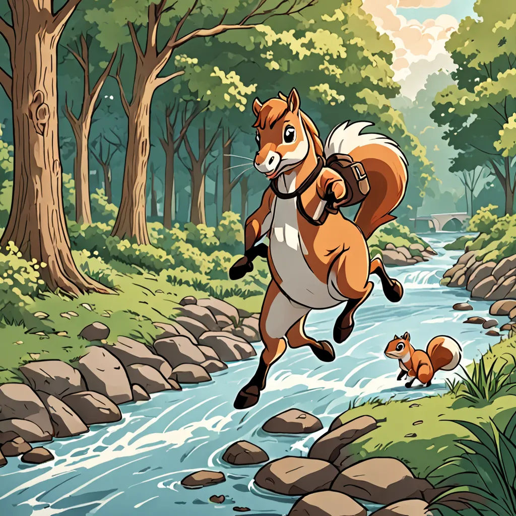 a cartoon of a fox and a squirrel running through a river in the woods with rocks and trees around, Chris LaBrooy, furry art, a storybook illustration, storybook illustration