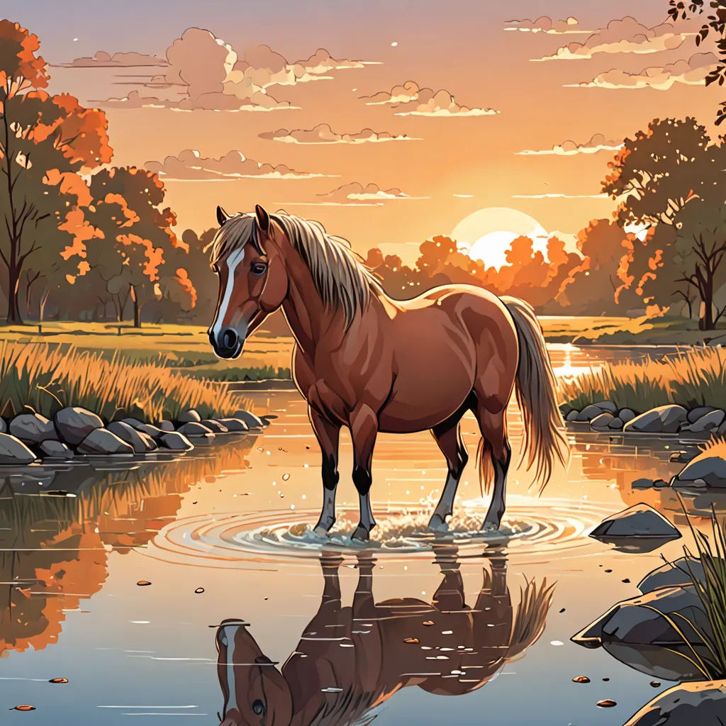 a horse standing in a river at sunset with a reflection in the water and a reflection of its head, Dan Mumford, american scene painting, a comic book panel, western comic book art
