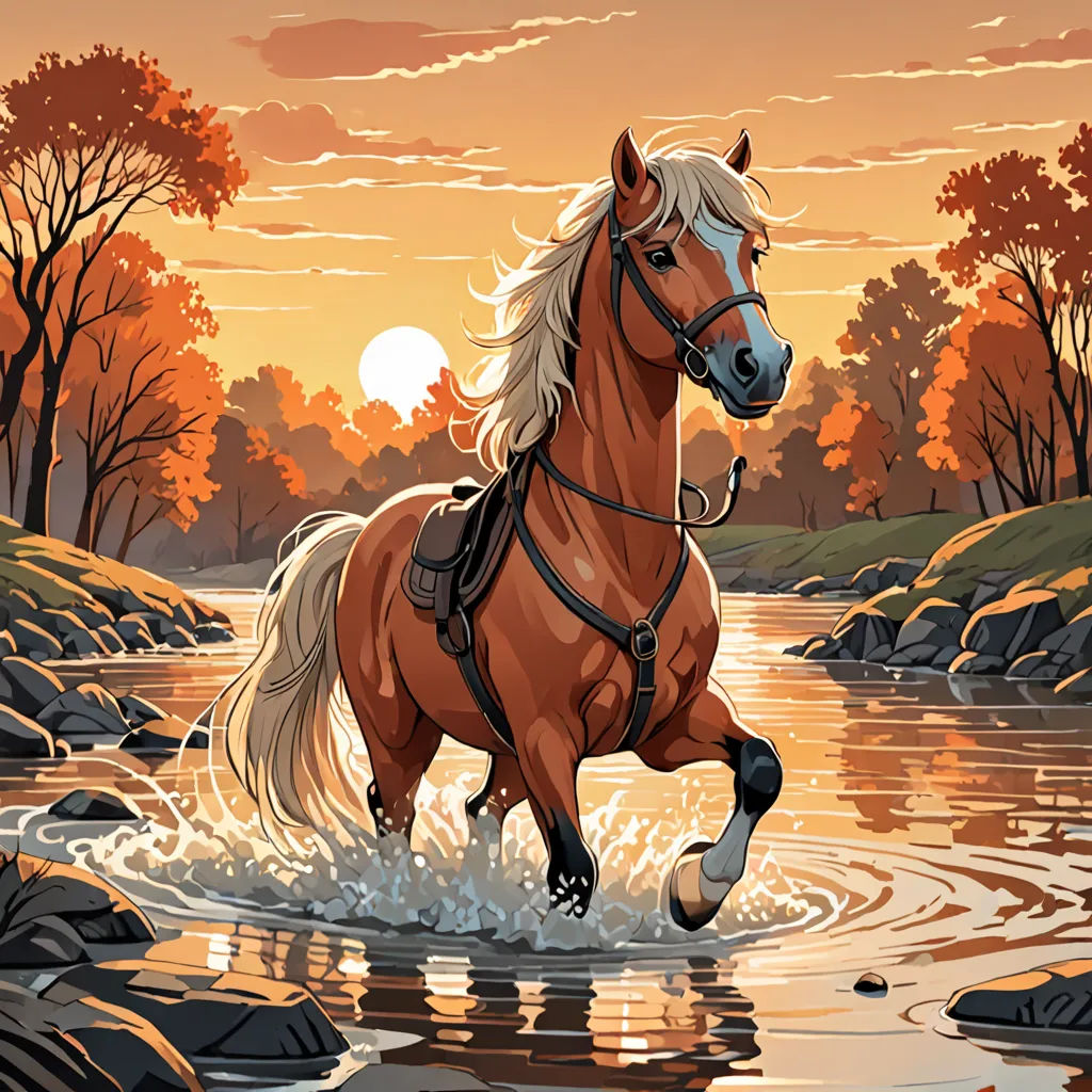 a horse running through a river at sunset or dawn with a beautiful landscape in the background and a sunset, Dan Mumford, american scene painting, a comic book panel, autumn