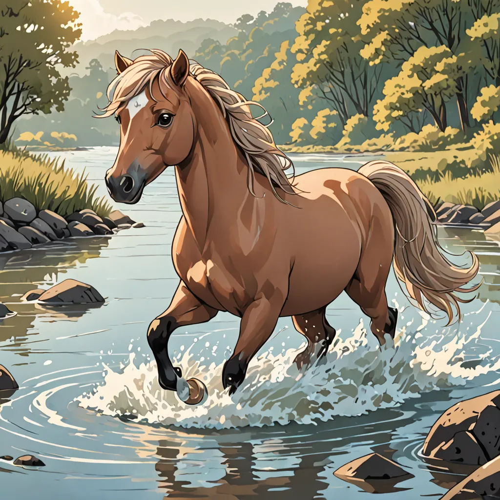 a horse running through a river with rocks and trees in the background and a stream running through it with rocks and trees in the foreground, Dan Mumford, american scene painting, a comic book panel, western comic book art