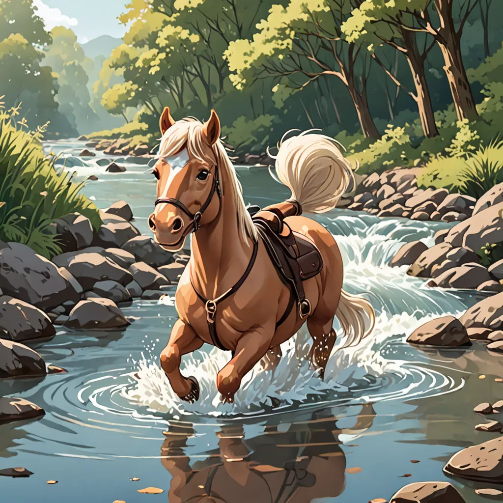 a horse is running through a river with rocks and trees in the background and a stream running through it, Chris LaBrooy, american scene painting, a storybook illustration, western comic book art
