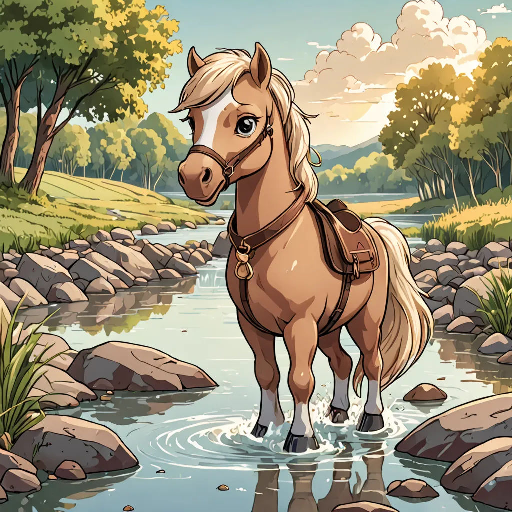 a horse standing in a stream of water near rocks and trees with a sky background and clouds in the sky, Chris LaBrooy, american scene painting, a storybook illustration, storybook illustration