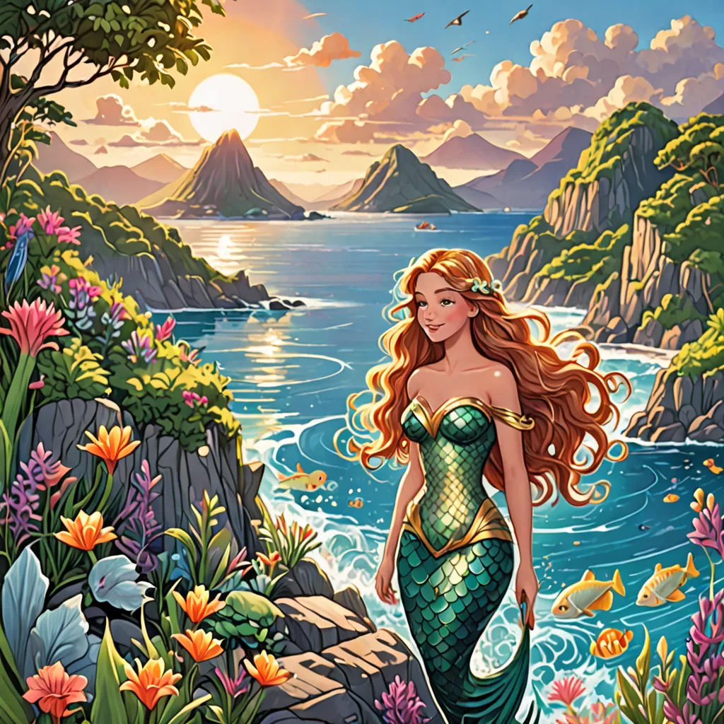 a painting of a mermaid standing on a rock by the ocean with a sunset in the background and a mountain range in the background, fantasy art, a storybook illustration, Daphne McClure, kinkade