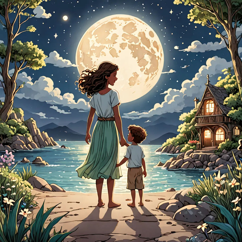 a painting of a mother and son holding hands while looking at the moon over a lake and a house, magical realism, a storybook illustration, Chris LaBrooy, storybook illustration