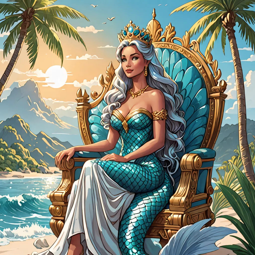 a woman in a mermaid costume sitting on a golden throne on the beach with a view of the ocean, fantasy art, a storybook illustration, Anne Stokes, fantasy illustration