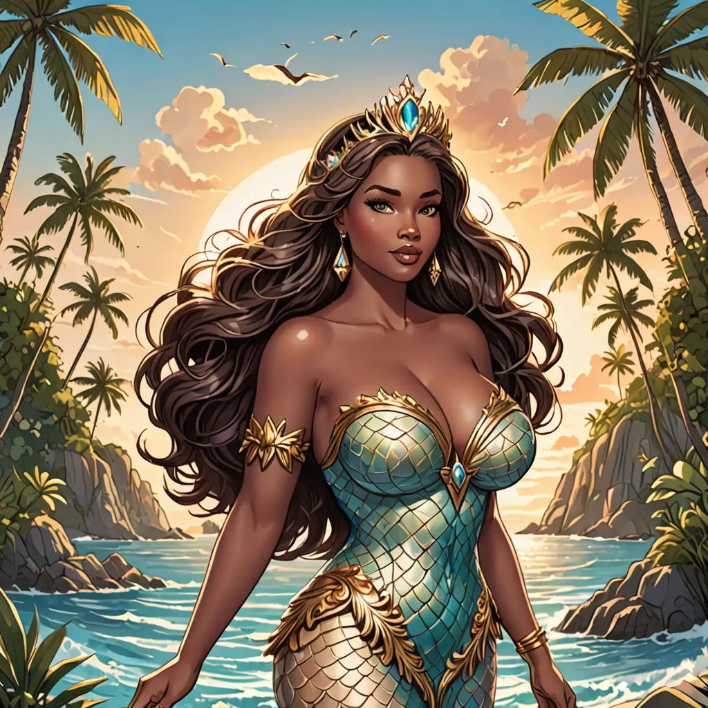 a woman in a mermaid costume standing in the water with palm trees in the background and a bird flying overhead, fantasy art, a comic book panel, Edwin Georgi, kinkade