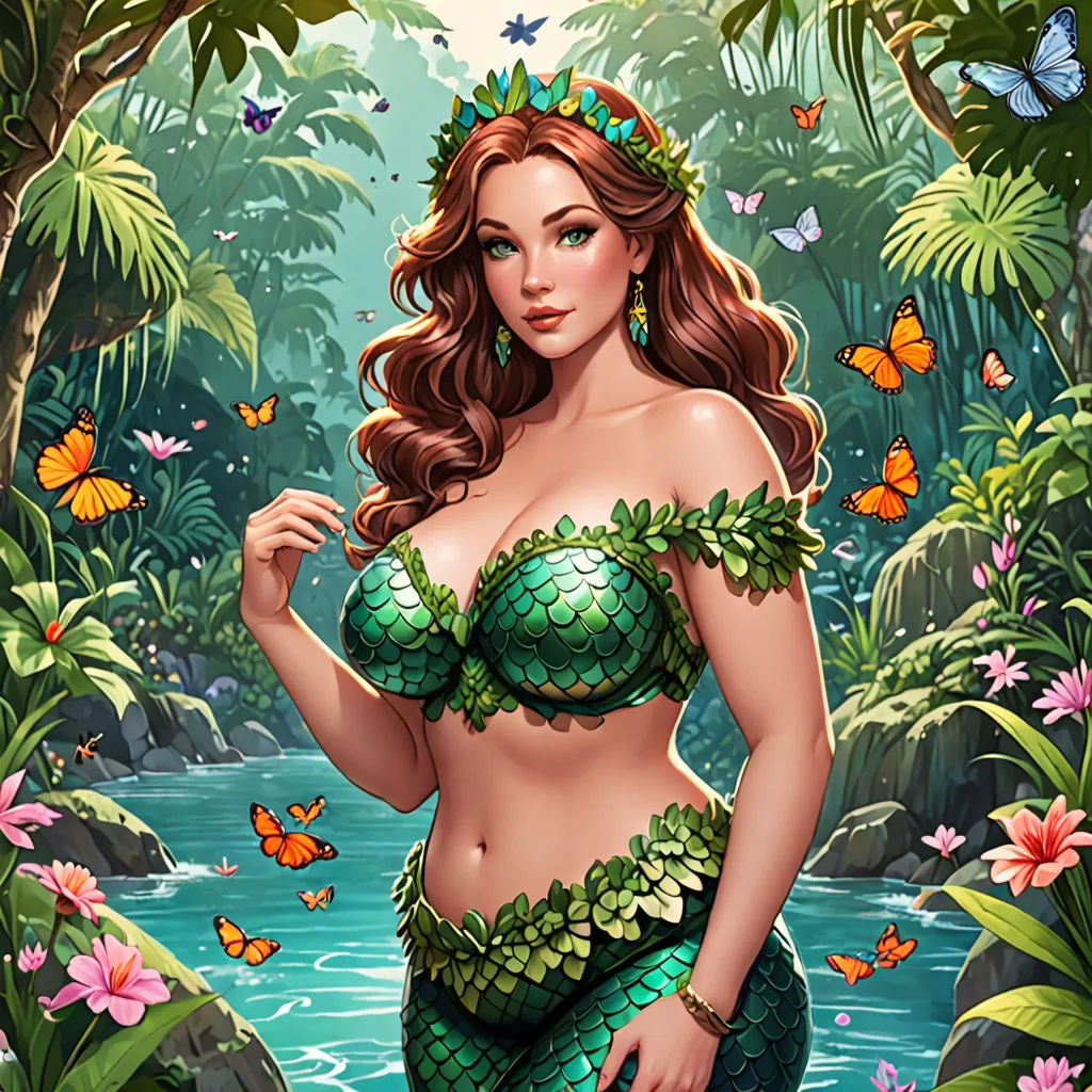 a beautiful woman in a green bikini standing in a forest with butterflies around her head and a butterfly in her hair, fantasy art, a detailed painting, Artgerm, kinkade