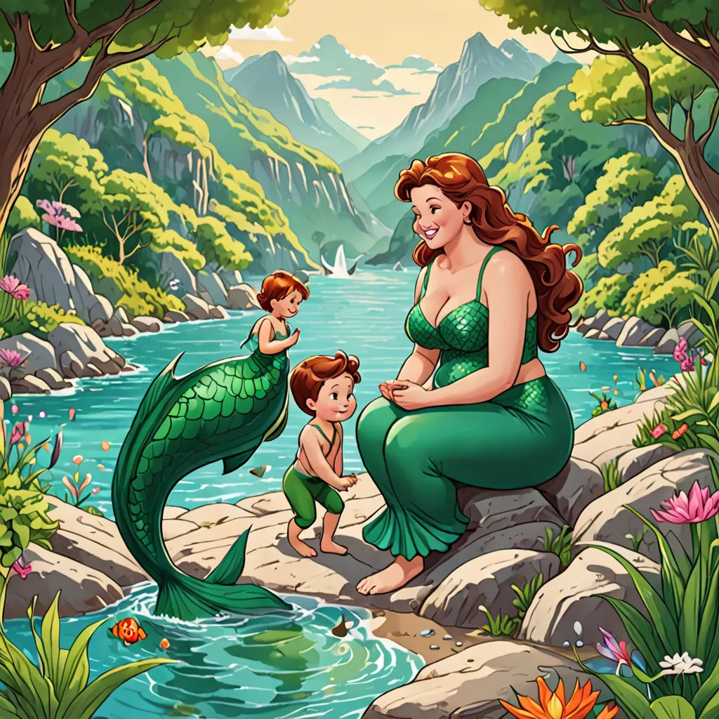 a woman and a child are sitting on rocks near a river and a mountain range with a lake and a mountain range in the background, fantasy art, a storybook illustration, Diego Gisbert Llorens, storybook illustration