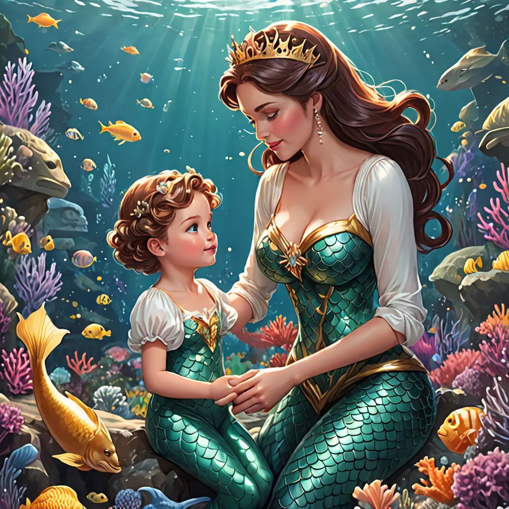 a woman and a child are sitting on a rock under the water, with fish and corals surrounding them, fantasy art, a storybook illustration, Artgerm, kinkade