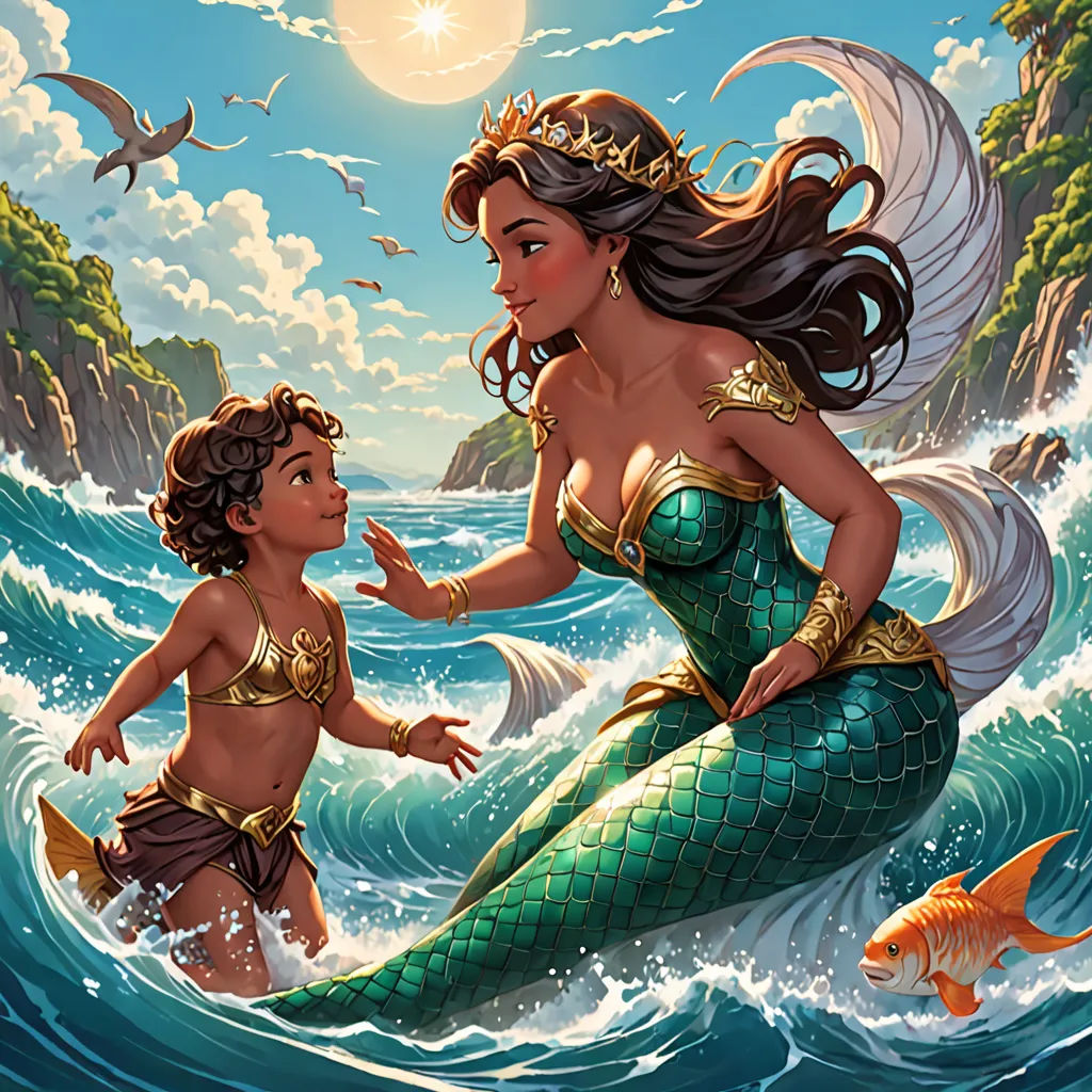 a painting of a mermaid and a boy in the ocean with a bird flying above them and a sun in the sky, fantasy art, a storybook illustration, Cliff Childs, kinkade
