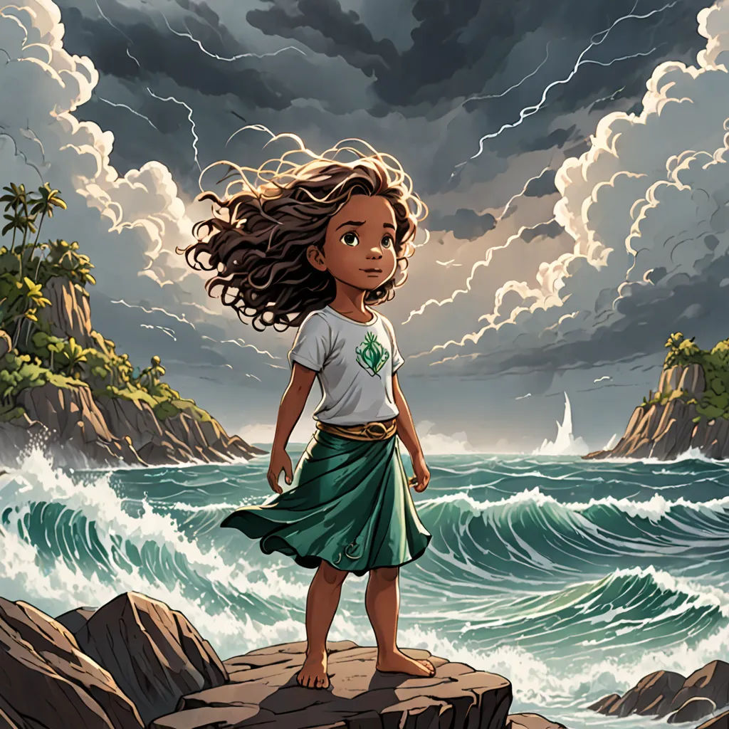a girl standing on a rock in front of a body of water with a storm in the background and a lighthouse in the distance, fantasy art, concept art, Cliff Childs, official art
