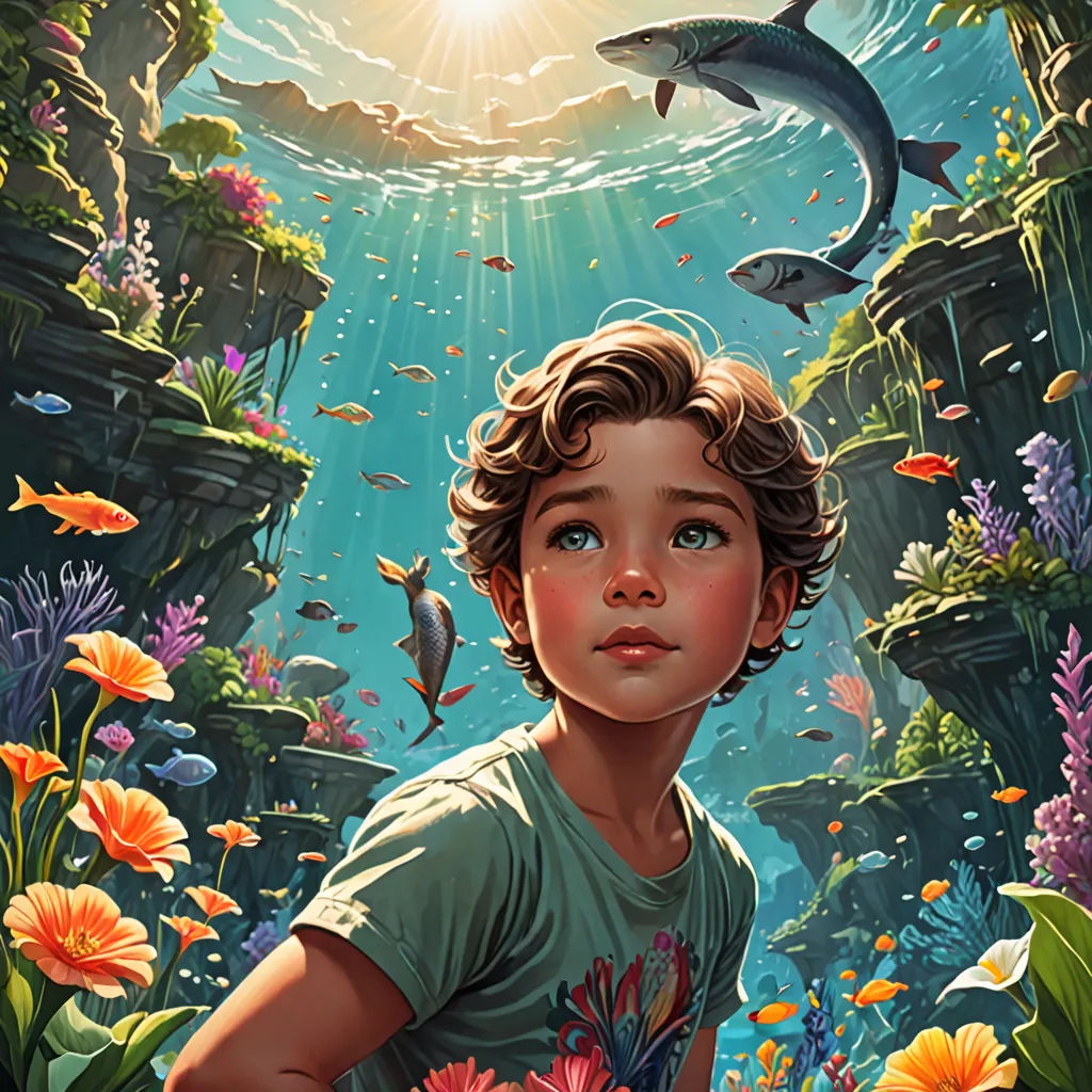 a boy is looking at a fish in the water and a fish is swimming over him and a fish is above him, fantasy art, a storybook illustration, Aaron Jasinski, rossdraws global illumination
