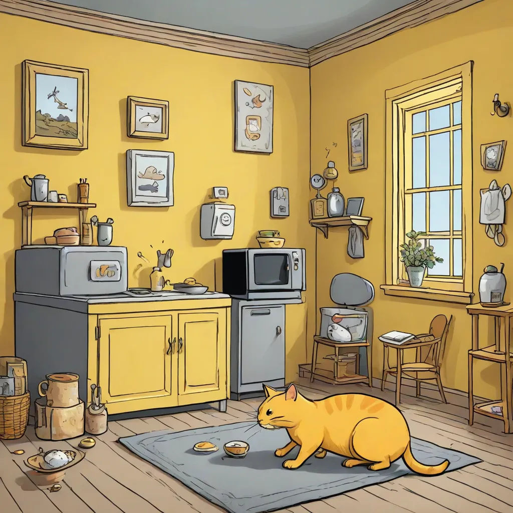 a cat is sitting on a rug in a kitchen with yellow walls and a gray stove top oven and a yellow wall, american scene painting, a storybook illustration, Chris Ware, storybook illustration