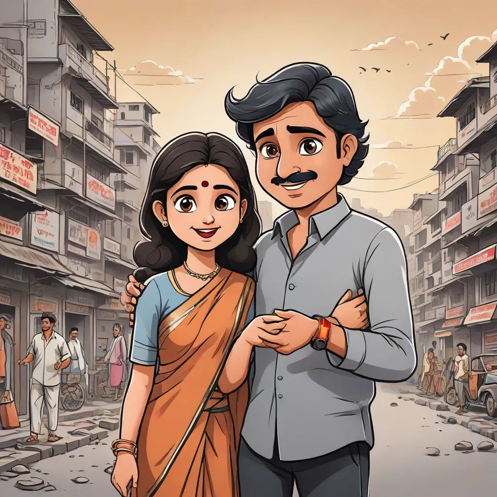 a man and woman standing in front of a street with buildings and people in the background, with a sky background, samikshavad, a storybook illustration, Ella Guru, official art