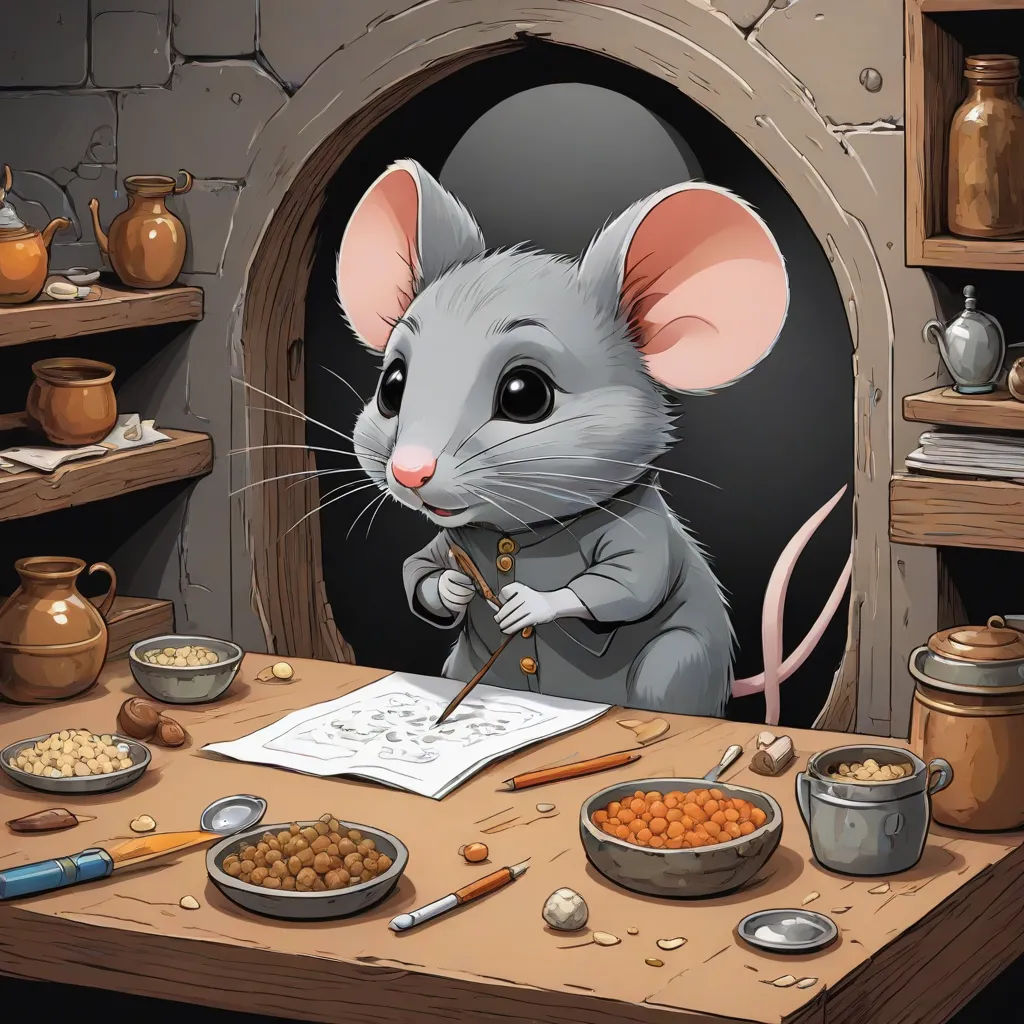 a mouse is sitting at a table with a pen and paper in front of it and a bowl of nuts, fantasy art, a storybook illustration, Art Spiegelman, official art