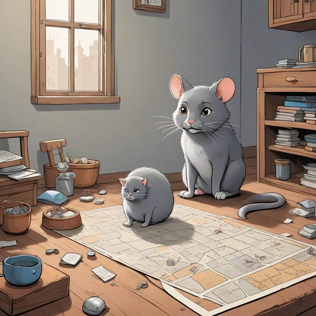 a mouse and a cat sitting on a map in a room with a window and a desk with a bookcase, sots art, a storybook illustration, Beatrix Potter, official art