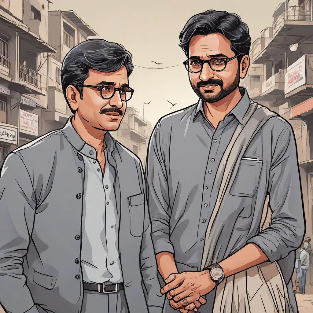 two men standing next to each other in front of a building with a clock on it's wall, samikshavad, a comic book panel, Bholekar Srihari, official art