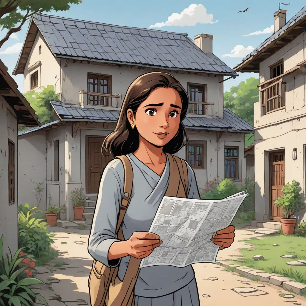 a woman standing in front of a house holding a newspaper in her hand and looking at the camera with a house in the background, private press, a comic book panel, Art & Language, official art